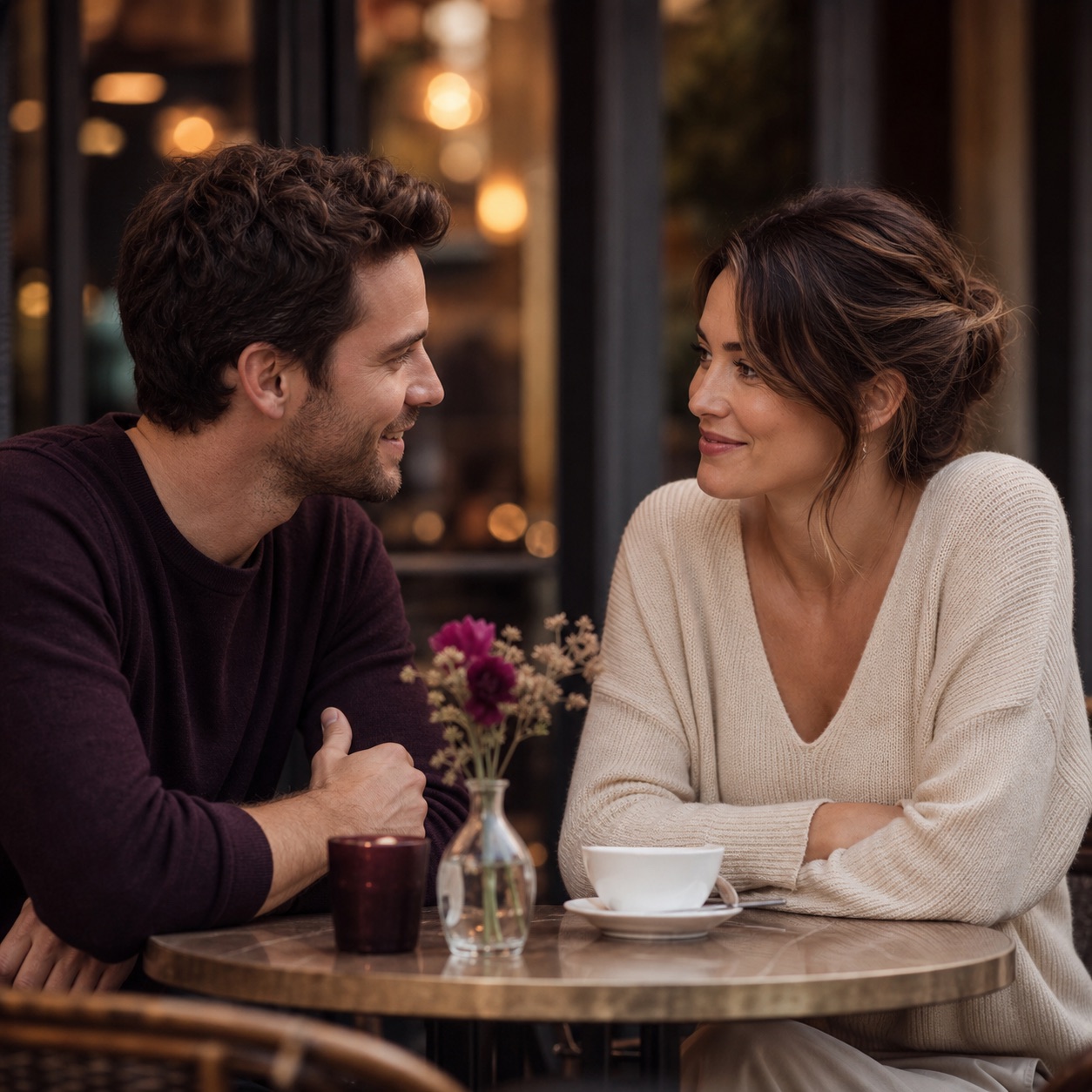 A woman and man sharing a calm first-date conversation over coffee.
