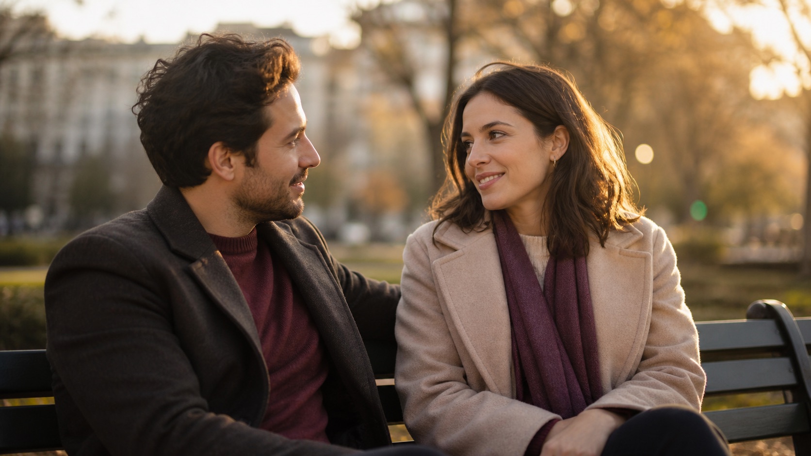 A woman and man sharing a relaxed conversation on a park bench.