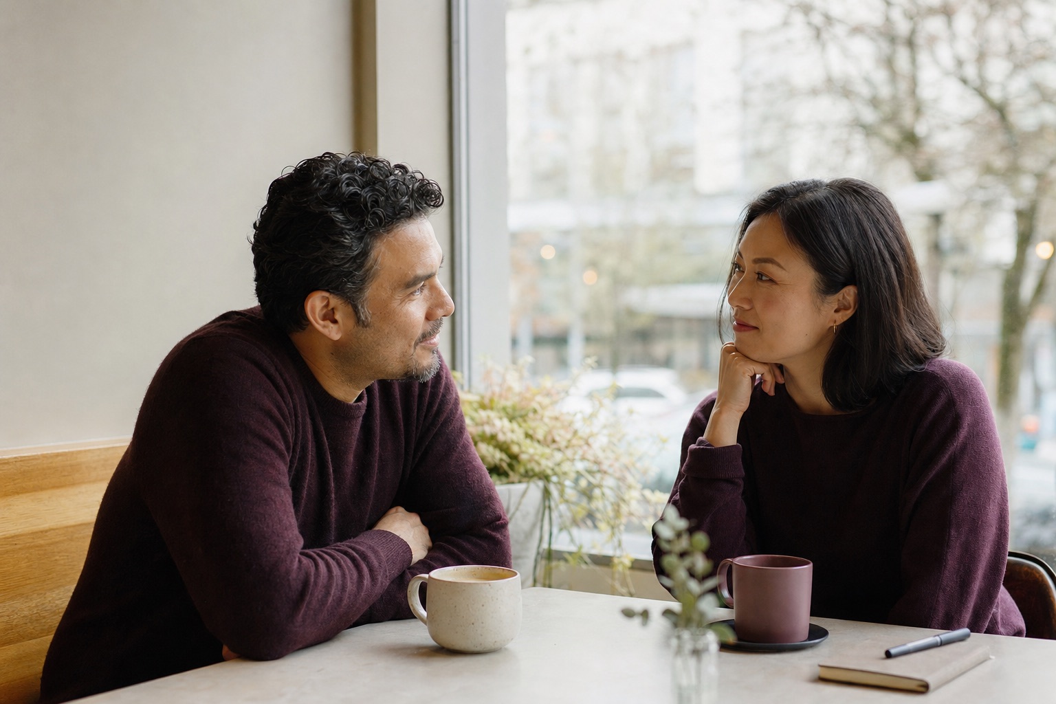 A woman and man having a calm, thoughtful conversation over coffee.