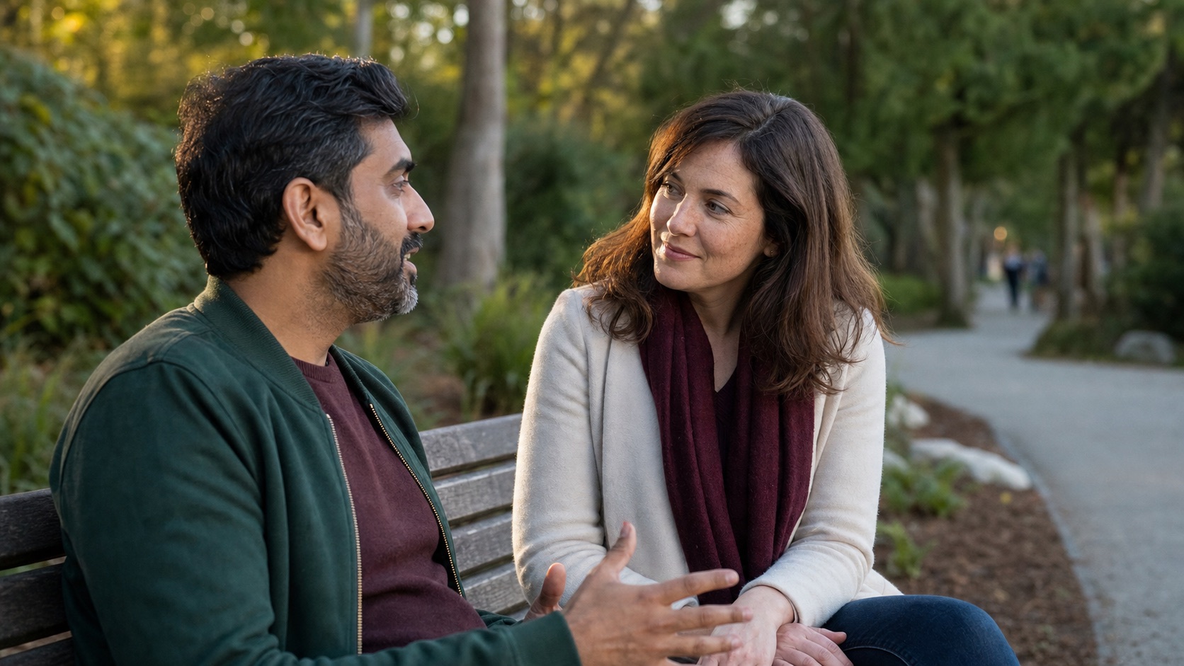 A woman and a man having a calm conversation on a park bench.