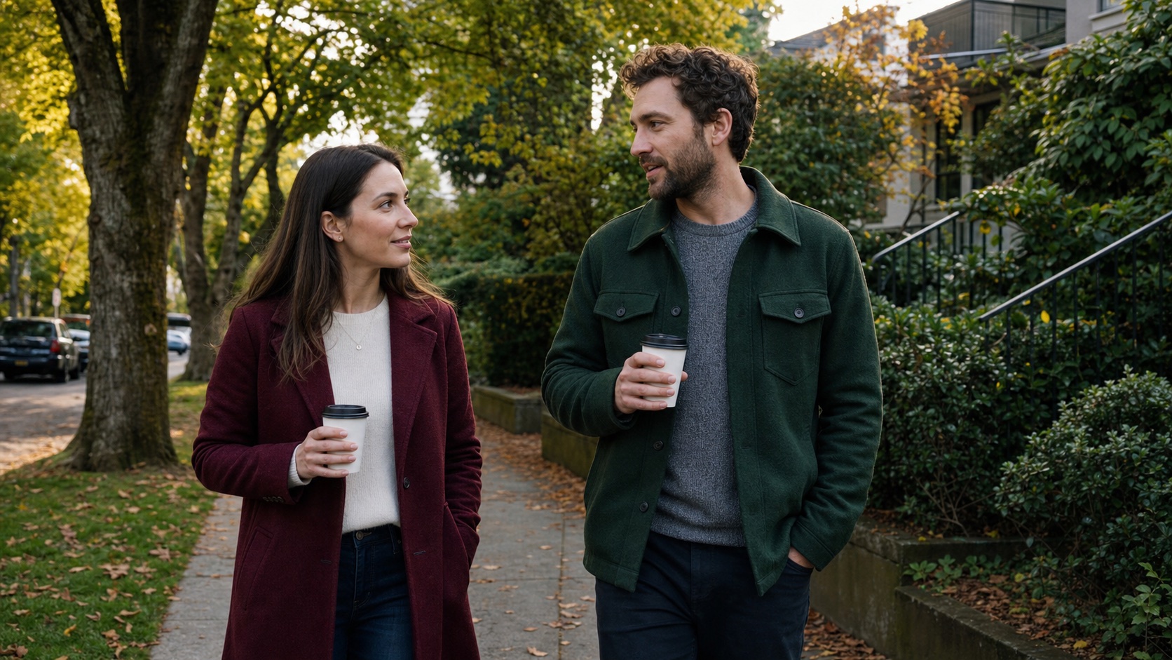 A woman and a man sharing an easy conversation while walking together after coffee.